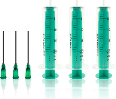 Produktbild von Spritzen Set 3 Stück inkl. 3 stumpfe Kanülen - 20ml Dosierspritzen aus Kunststoff - Einwegspritzen für Hobby, Modellbau, Haustiere, Flüssigkeiten uvm.