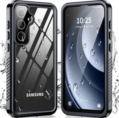 A product shot showing a phone case with a phone inside, both covered in water droplets.
