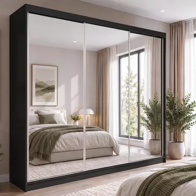 Produktbild von BEAUTYSOFA DEBRA Schwebetürenschrank 240 cm Schrank mit Spiegel, Kleiderschrank mit 3 Schiebetüren und 2 Kleiderstangen, Schwarz