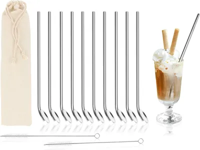 Produktbild von com-four® 10x Trinkhalmlöffel mit Reinigungsbürste - Strohhalmlöffel aus Edelstahl - Trinkhalm mit Rührlöffel - Wiederverwendbar