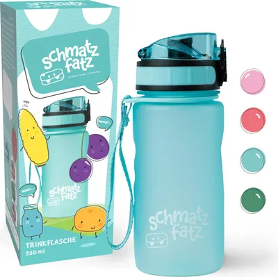 A product shot of a turquoise water bottle and its packaging, with color swatches on the side.