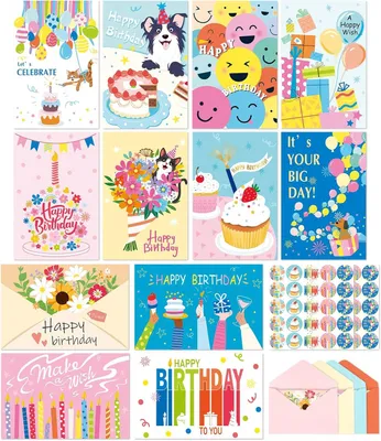 Imagen del producto de Conjunto de tarjetas de cumpleaños, 48 unidades, con 12 diseños diferentes, de 10 x 15 cm, e incluye 50 pegatinas para mensajes personalizados