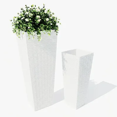 Produktbild von 2er-Set quadratische Rattan-Pflanzkübel - Einer 60 cm hoch, einer niedrig - Kunststoff - Herausnehmbare Einsätze - Drainagelöcher - Für drinnen und draußen - Weiß