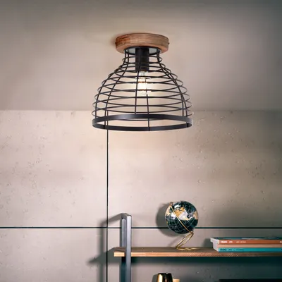 Image de Plafonnier moderne BRILLIANT AVIA | Plafonnier avec abat-jour noir et détail en bois durable, Ø 30 cm | 1 douille E27, max. 52 W | Métal/bois