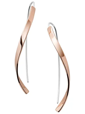 A pair of rose gold and silver drop earrings against a white background.