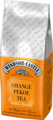 A product shot of a bag of Windsor-Castle Orange Pekoe Tea.