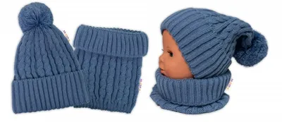 Obrázok produktu pre Baby Nellys Zimná čiapka s bambulou + komín - modrá, džínsy, veľkosť 48-52cm
