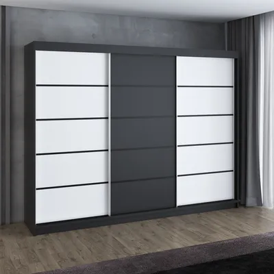 Produktbild von Schwebetürenschrank, 3-türig Schrank 200 cm mit 4 Schubladen, Retrostil  Premium! Moderne Garderobe für Kleidung. Verschiedene Farben (Weiß, Schwarz, Somona) Kleiderschrank MES