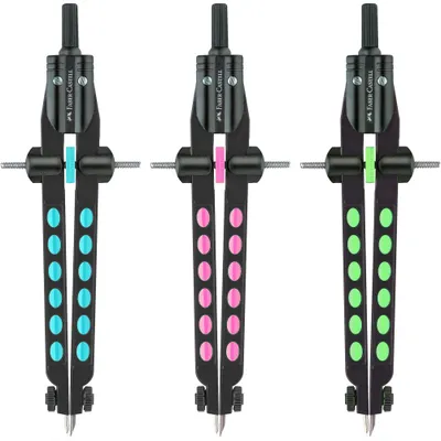 Three black compasses with colored accents are displayed against a white background.
