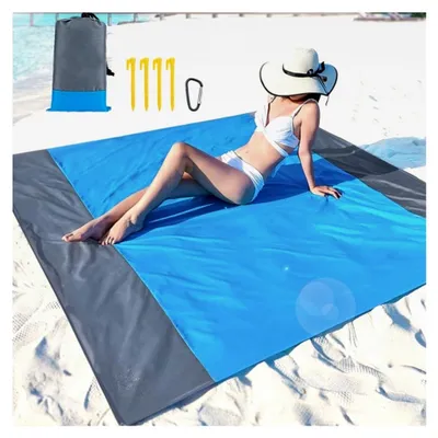 Produktbild von Picknickdecke, Stranddecke sandfrei, wasserdichte Strandmatte mit 4 Befestigungsecken für Reisen, Camping und Picknick, tragbar mit Tasche (Blau/Grau, 210x200 cm)