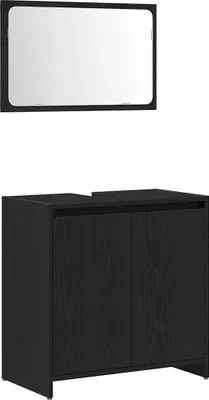 A black bathroom cabinet and a mirror are shown against a white background.
