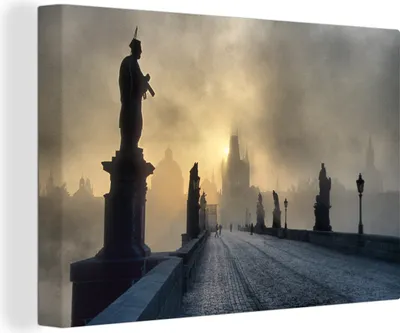 Produktbild von OneMillionCanvasses® - Leinwandbilder - 140x90 cm, Prag - Nebel - Sonne, Wandbilder Kunstdruck Wanddekoration