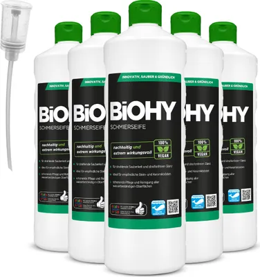 Produktbild von BiOHY Schmierseife (6x1l Flasche) + Dosierer | Fußbodenreiniger KONZENTRAT | Natürliche Inhaltsstoffe | anwendbar auf allen empfindlichen Oberflächen | Kautschuk, Linoleum, Parkett, PVC, Stein