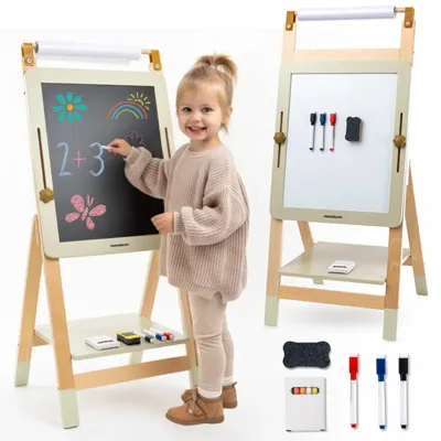 Image de Chevalet en bois pour enfants - 3 en 1 : tableau magnétique, tableau à craie et rouleau de papier. Réglable en hauteur. Convient aux enfants de 3 à 6 ans
