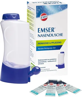 Produktbild von Emser Nasendusche inkl. Nasenspülsalz - Nasenspülung zur Vorbeugung von Erkältungskrankheiten, bei Allergien und zur Nasenpflege - 4 x 2,5 g Beutel