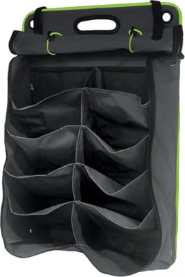 A hanging shoe organizer with multiple compartments.