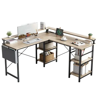 Obrázek produktu pro AIORBER stůl ve tvaru L, 140x140x85 cm, oboustranný rohový počítačový stůl se zásuvkou a LED páskem, herní počítačový stůl, béžová barva