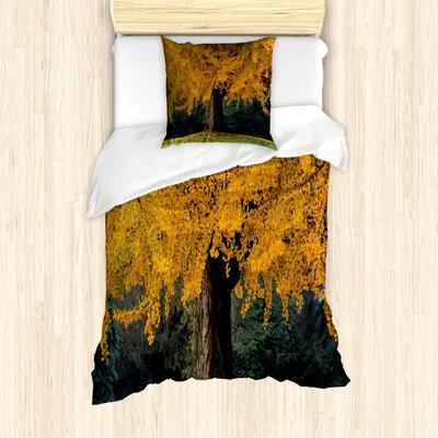 Produktbild von ABAKUHAUS Baum Mantele, Blätter Baum Herbst Jahreszeit, Milbensicher Allergiker geeignet mit Kissenbezügen, 135 cm x 200 cm - 80 x 80 cm, Erde Gelb Braun