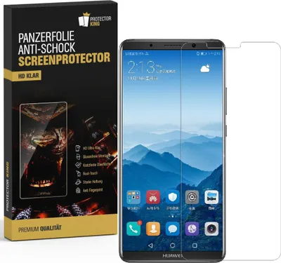 A product shot of a phone screen protector packaging next to a smartphone displaying a mountain landscape wallpaper.