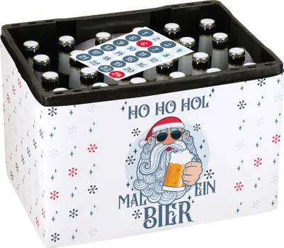 A beer crate with a Christmas-themed wrap and a Santa Claus graphic, featuring a sticker with numbers for an advent calendar.