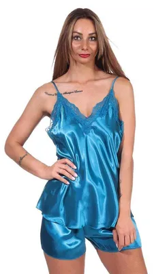 Produktbild von Damen Satin Nachtwäsche Pyjama Set Shorty mit Spitze; Petrol/XL