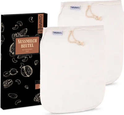 Produktbild von MAVANTO® Nussdrinkbeutel Hanf 25 x 30 cm für selbstgemachte Mandeldrink, Haferdrink, Haselnussdrink & Säfte - wiederverwendbar & waschbar (U-Form, 2x Stück)