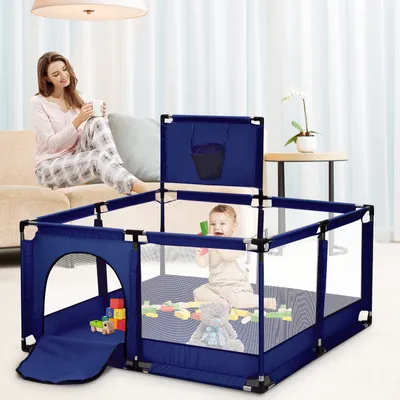 Obrázok produktu pre BIOBY Detská ohrádka Detská ohrádka pre deti 128 x 128 cm Ochranná zábrana s úložnou taškou Umývateľná prenosná obdĺžniková zábrana na plazenie Detská ohrádka Modrá