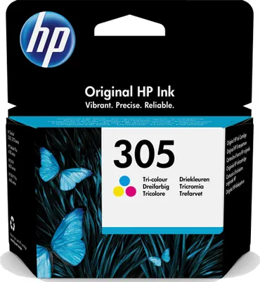 The image shows the packaging of an HP 305 tri-colour ink cartridge.