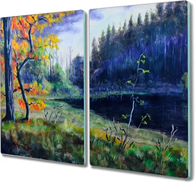 Produktbild von Coloray Herdabdeckplatte 2x30x52 cm Schneidebrett Kochplattenabdeckung Küchenbrett Hackbrett - Bäume See