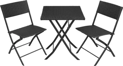 A black rattan table and two chairs set.
