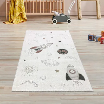 Image de Tapis de chambre d'enfant Planètes vaisseaux spatiaux étoiles en crème beige gris Taille - 80 x 150 cm