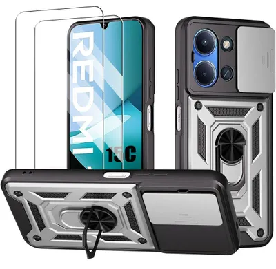 Image de Coque + 2 Verres Trempés pour Xiaomi Redmi 15C 4G/5G, Antichoc Rigide avec Anneau et Protection Caméra - Argenté