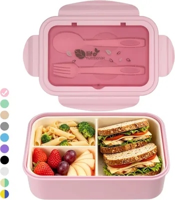 Imagen del producto de Lonchera Bento con 3 compartimentos, de 1400 ml, a prueba de fugas, incluye cubiertos, ideal para la escuela y la oficina