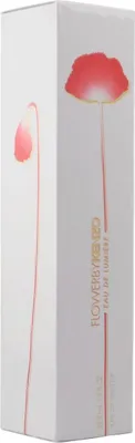 Schmale Verpackung von Flower by Kenzo Eau de Lumière mit stilisierter roter Mohnblume auf weißem Hintergrund und goldfarbener Schrift