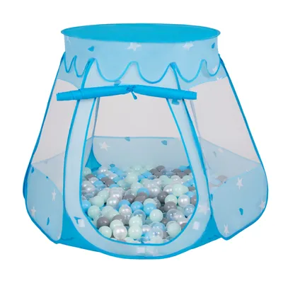 Obrázok produktu pre Selonis Hrací stan 105X90cm/600 loptičiek Hradný domček Pop Up Ballpit Plastové loptičky pre deti, Modrá:Perla-Grey-Transparentné-BabyModrá-Mint