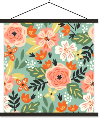 Produktbild von MuchoWow® Textilposter Blumen - Illustration - Muster 60x60 cm mit schwarzem Rahmen - Posteraufhänger