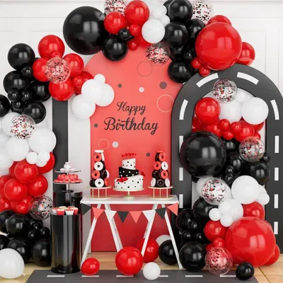Produktbild von Ballonbogen-Set Latex, 125 Stück, Rot Schwarz Weiß, für Feierdekoration