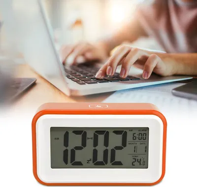 Zdjęcie produktu dla Wielofunkcyjny cyfrowy budzik elektroniczny z wyświetlaczem temperatury (pomarańczowy)