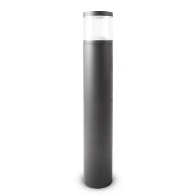 A single gray outdoor bollard light with a clear top is shown against a white background.
