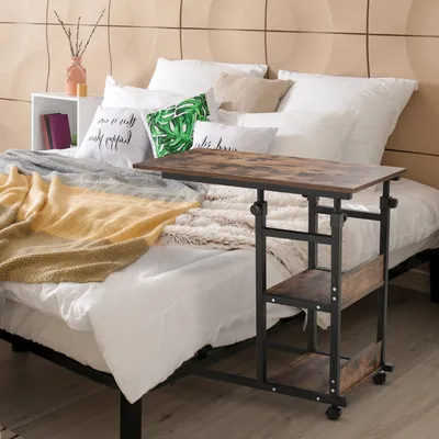 Produktbild von SUGIFT Beistelltisch mit Rollen höhenverstellbar, C-Form Sofatisch, mobiler Nachttisch, Braun | 80x40x72-82 cm | 20 kg Belastung