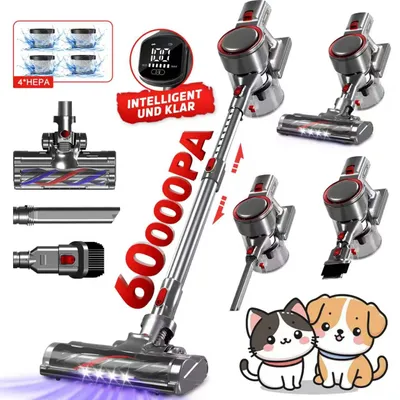Produktbild von Authmic Akku Staubsauger, 60000Pa/55Min/1,8L Staubsauger Kabellos mit Display, Anti-Tangle-Bürste,Ultraleise,für Tierhaare/Teppiche/Hartböden/Auto