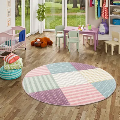 Produktbild von Kinder Teppich Maui Kids Pastel Bunt Karo Sterne Rund, Größe:160 cm Rund