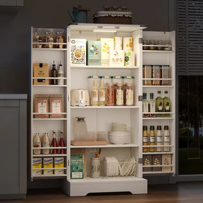 Produktbild von Flieks Hochschrank mit LED 60x35x128.5 cm, Küchenbuffet Speiseschrank im Landhausstil, Küchenschrank Sideboard mit Verstellbaren Ablagen, weiß
