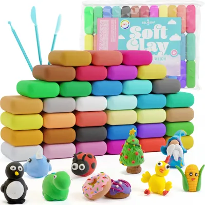 Produktbild von Belissia Kids Soft Clay Spiel Ton | 36 Farben á 10g | inkl. Werkzeuge