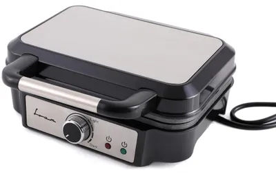 Obrázek produktu pro Vaflovač Fram FAG-M1000BKSS, 1000 W, kapacita 2 vafle, pevné desky s nepřilnavým povrchem, nastavitelná teplota, světelná kontrolka, nerezová výzdoba víka, rukojeti a panelu, černá/šedá