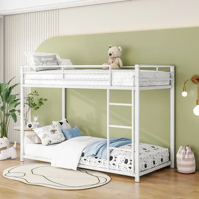 Produktbild von Etagenbett mit 2 Schlafgelegenheiten, Lattenrost und Leiter, 90x200 cm, Kinderbett mit Rausfallschutz, Metallbett