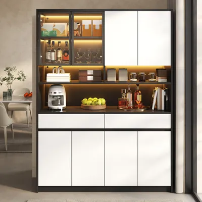Produktbild von Hoher Sideboard Schrank mit LED Beleuchtung in Glasfach & offener Ablage, Glasausstellungsbereich, Schrank mit APP-gesteuerter farbverstellbarer LED-Beleuchtung, Wohnzimmer Vorratschrank