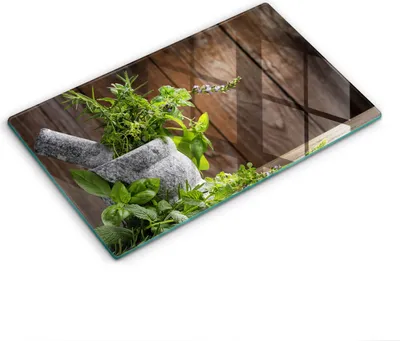 Produktbild von Glasschneideplatte - Herdabdeckplatte - 52x30 cm - Schneidebrett - Spritzschutz - Kräuter und Holzpflanzen