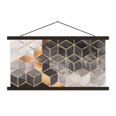 Produktbild von MuchoWow® Textilposter Abstrakt - Würfel - Gold - Muster - Schwarz - Weiß 60x30 cm mit schwarzem Rahmen - Textilien