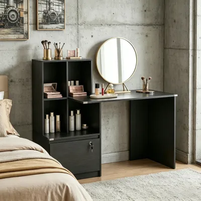 Zdjęcie produktu dla Biurko komputerowe z półką i szufladą, wymiary: 126x50x109 cm, kolor: czarny